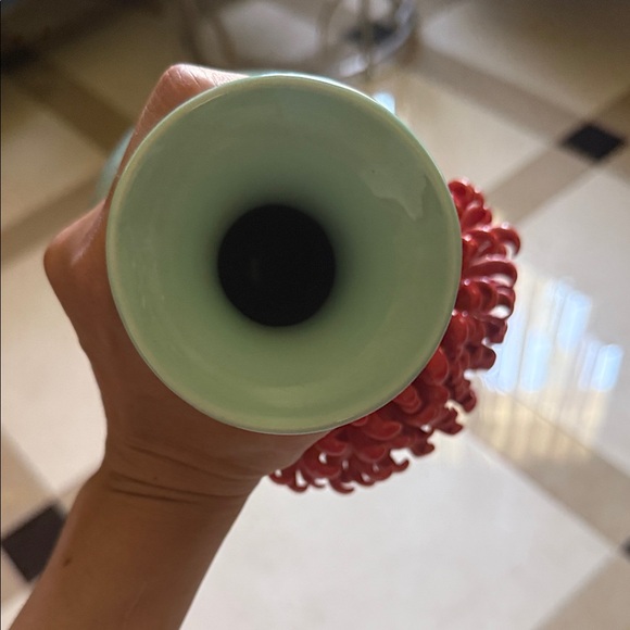 Anthropologie Aqua Vase with Vibrant Red Floral Accent - Picture 3 of 5